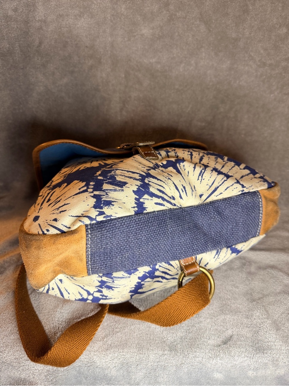 Fossil Blue and Cream Floral Canvas Backpack with Brown Leather Trim - Picture 8 of 10